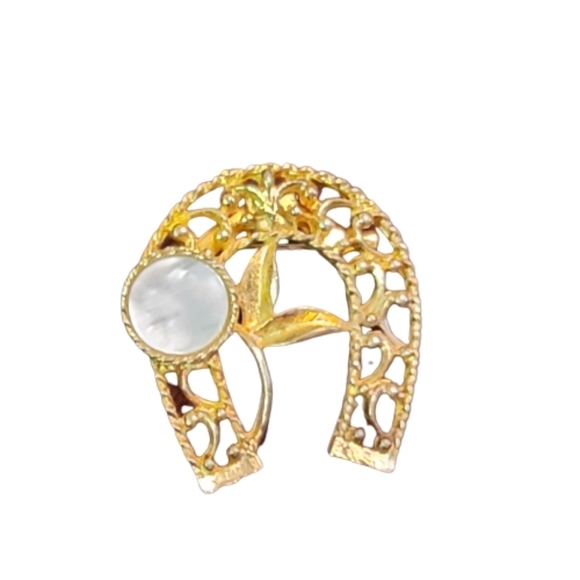HORSE SHOE arched brooch pin mother of pearl flower goldtone vintage Rodeo Faire - Picture 2 of 9
